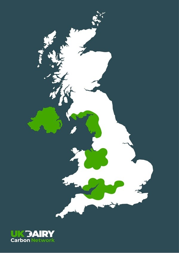 The Dairy Carbon Network map showing the regions in green.